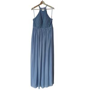 Azazie Dusty Blue Lace Halter Prom Dress